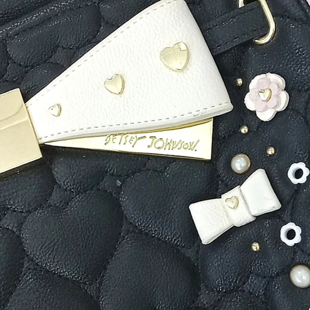 Betsey Johnson Tote Bag Pink Black Quilted Heart Beaded Studded Bowties Pearls